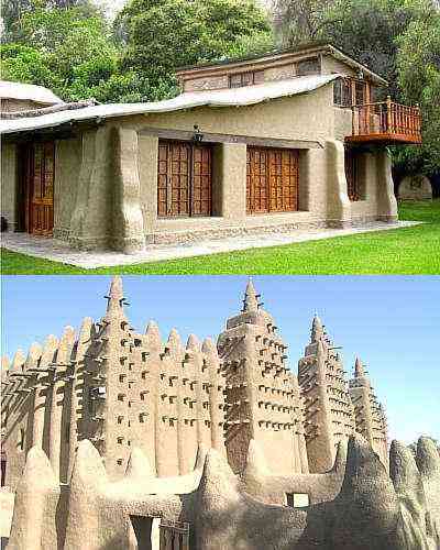 Tcnica de usar terra crua, baseada em alvenarias e vedao de barro no cozido  usada em vrios pases, como Frana e Peru (acima). A mesquita de Djnn, em Mali (abaixo),  a maior construo do mundo em adobe, em restaurao pela fundao Aga Khan - Juan S. Trabanino Garcia/Divulgao e Christian Belinga/2010/Divulgao