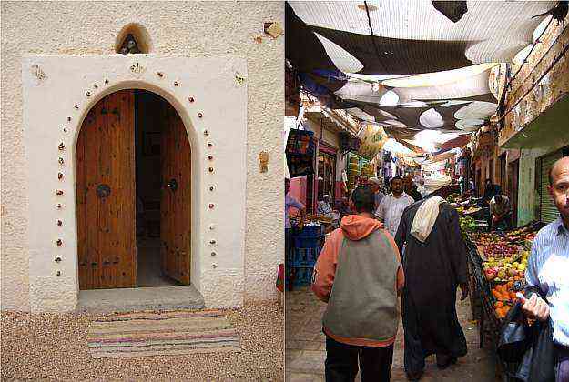 Fotos mostram uma porta de acesso a uma casa tradicional e a vista parcial do mercado de rua, na Vila de Gardhaa - O3L Arquitetura/Divulgao