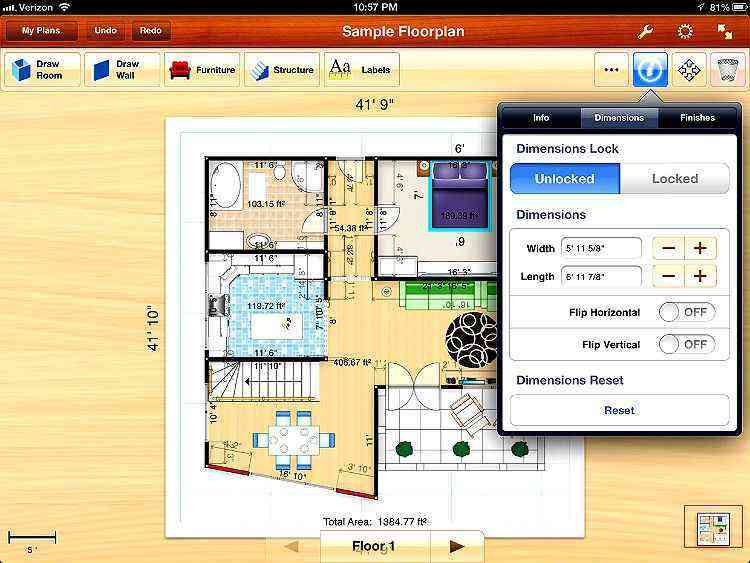 O Floor Plan Creator para smartphones Android ou Floorplans Pro para iOS permitem que voc desenhe sua casa e adicione modelos de objetos, criando um leiaute em 2D de como ficar a decorao - REPRODUO DE TELA