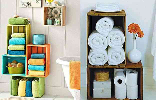Os caixotes tambm tm espao no banheiro - uma ideia  utiliz-los para organizar as toalhas - Divulgao